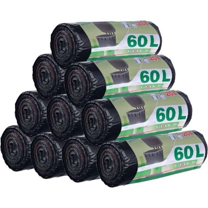 Торби за отпадъци 60L 70x63cm черни 200 бр. с връзка комплект