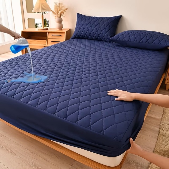 Husa Matlasata Impermeabila pentru Saltea 160x200 cm, Albastru Navy, Protectie Completa Anti-Lichide, Luxer