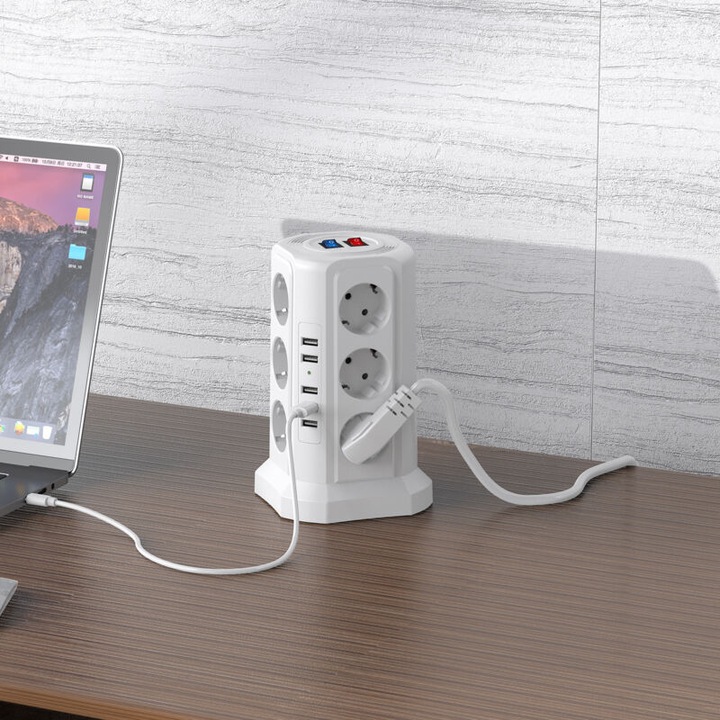 Prelungitor vertical 3 niveluri 12 prize USB protectie supratensiune 30x10x10cm