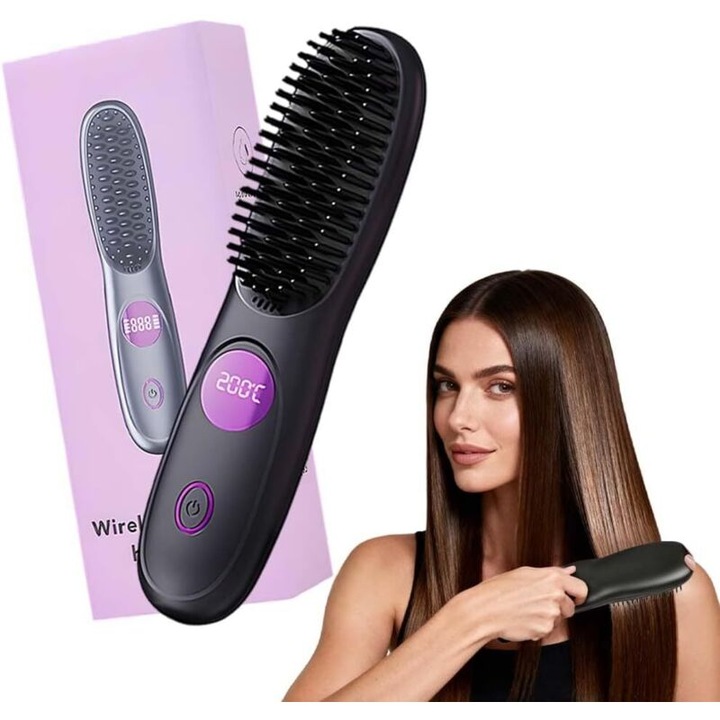 Perie de indreptat par ceramica portabila fara fir, 3 trepte temperatura, negru