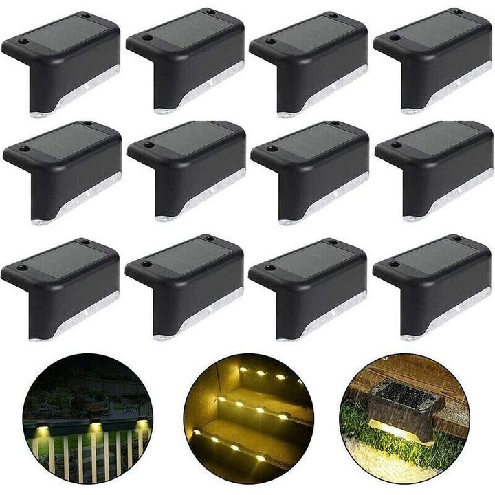 Lampa solara impermeabila pentru gard, set 12 bucati, alb cald, negru, 12xLED