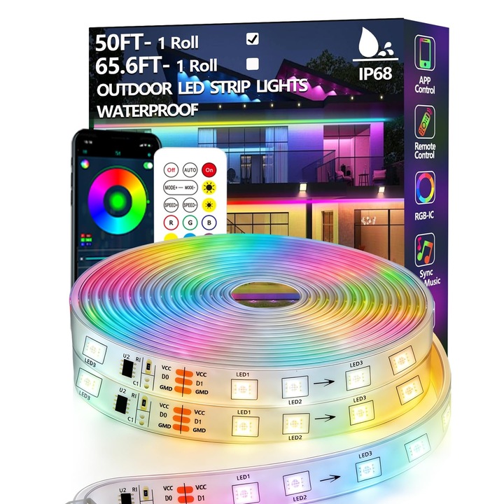 Banda LED exterior RGB+IC, 15 m, IP68, control prin aplicatie si telecomanda RF, sincronizare muzica, Chase Mode, 24V, Clasa Energetica F, culoare Multicolor