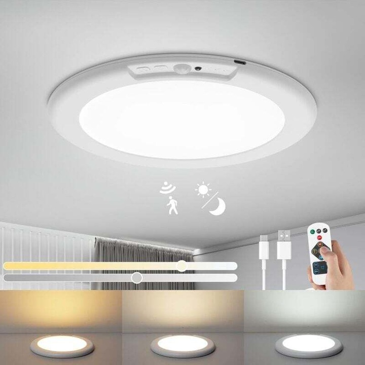 Безжична кръгла таванна лампа, 19см, 3 режима, многоцветна, батерия 6000mAh