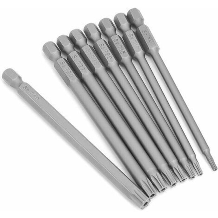 Set 8 biti surubelnita Torx lungi 100mm, otel S2, magnetic, multicolor