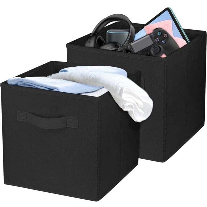 2 db összecsukható tárolódoboz készlet, strapabíró textil anyag, fekete, 26.5x26.5x28cm