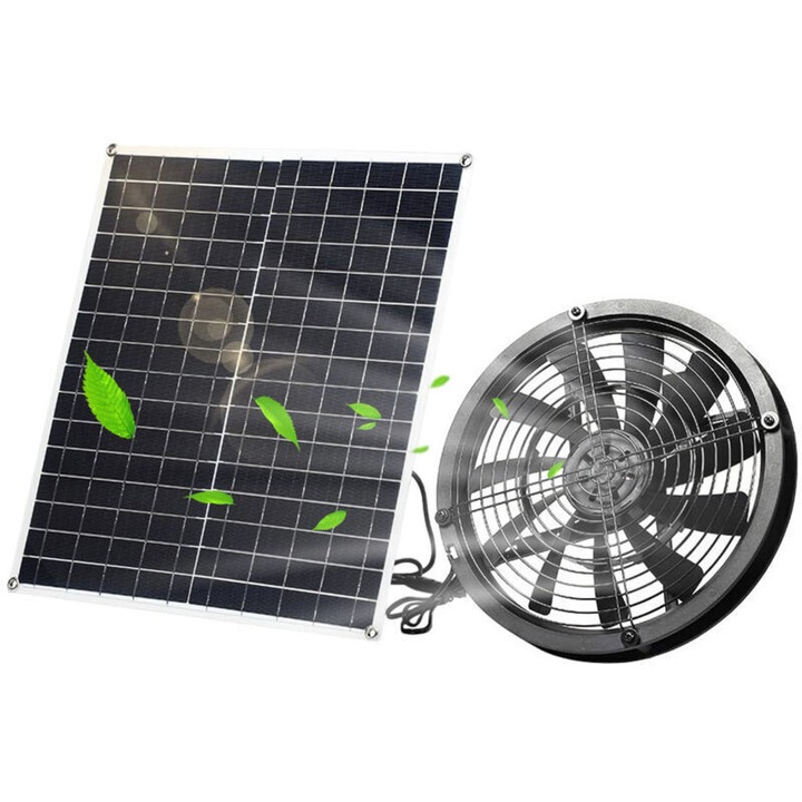 Ventilator solar 20W, panou monocristalin, rezistent apa, 35.4x33.4x0.25cm, 24.8x24.8x2.8cm