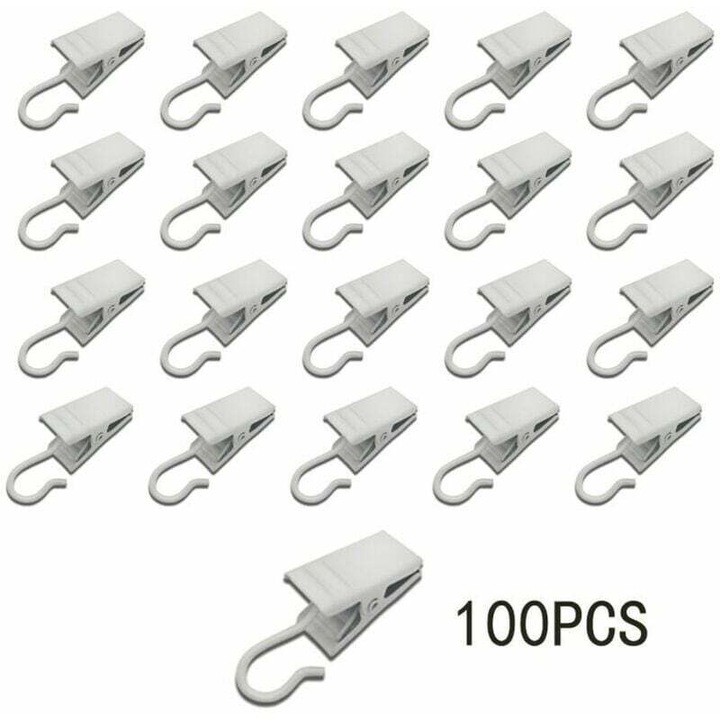 Set 100 cleme metalice pentru perdele, satin nichel, 32x9mm, alb