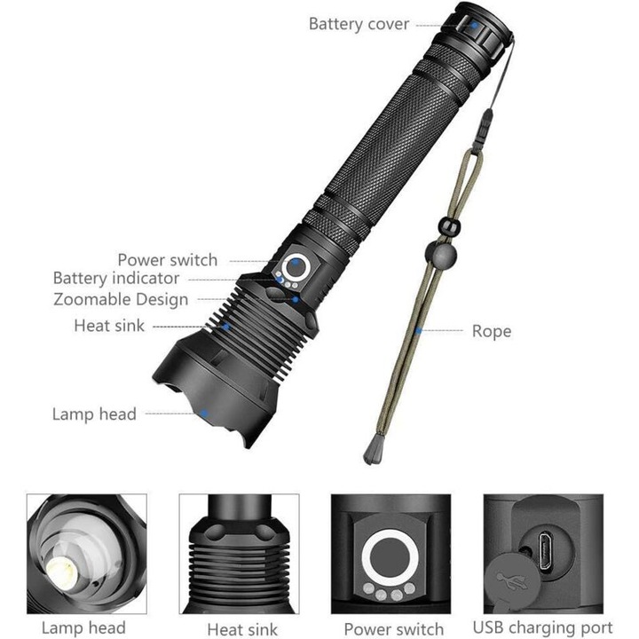 Lanterna LED, 90000 lumeni, USB, negru, 2x18650, rezistenta la apa IPX5, 3 moduri, 15x5cm