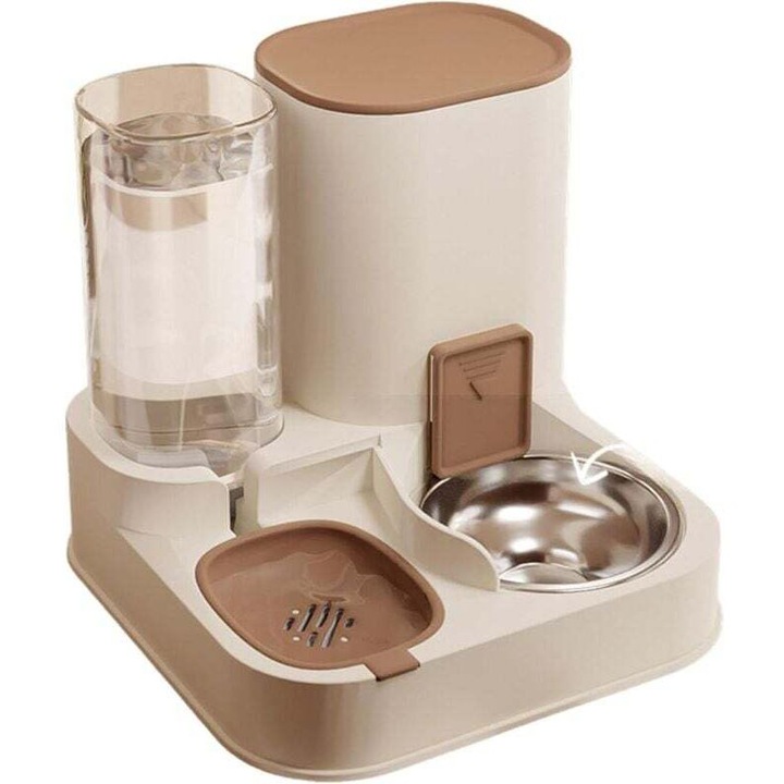 Dispenser automat 2-in-1 hrana si apa pentru pisici si caini mici, inox, 2.3L+1.3L