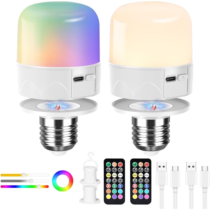 Bec LED E27 újratölthető, távirányító, RGB, 5000mAh, 2 darabos szett