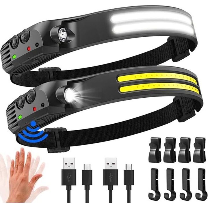 LED fejlámpa / homloklámpa 2000 lumen, 230°-os megvilágítás, mozgásérzékelővel és 6 üzemmóddal, USB-C újratölthető 1500 mAh, IPX5 vízálló, könnyű 63 g, fekete, 1 db