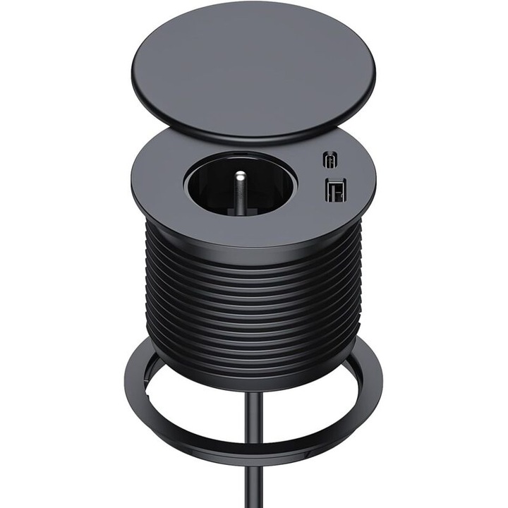 Bloc prize encastrabil 1x 230 V, 1x USB-A 5V/2.1A, 1x USB-C PD 5–12V, diametru 75 mm, cablu 1,5 m, ABS ignifug, negru, model 260815BM6505