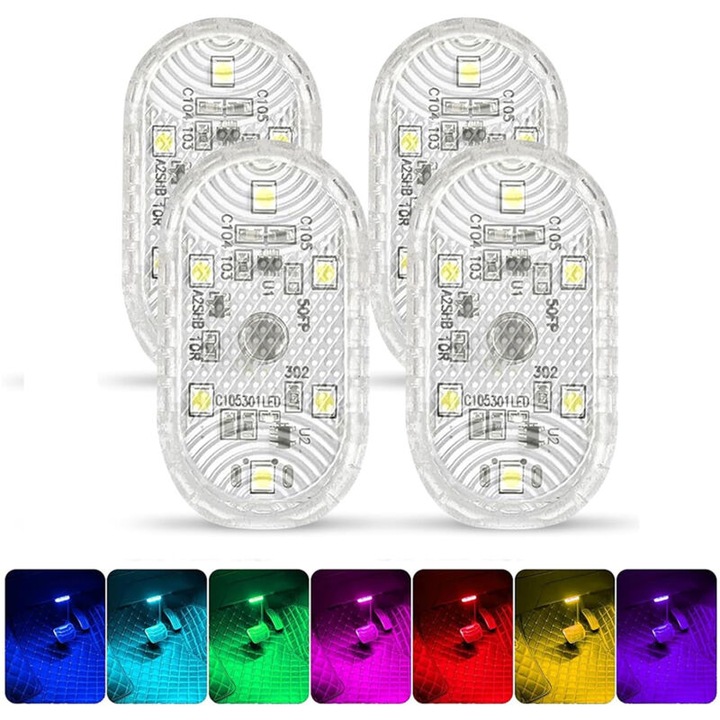 Set 4 bucati iluminare interior auto, LED RGB, touch, multicolor, 5.3x2.7x1cm
