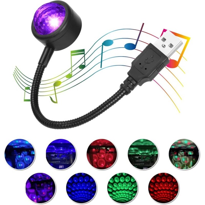 Lampa USB auto interior mini, RGB, 190x30x26mm, portabila, 9 moduri ajustabile