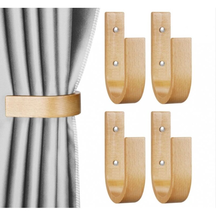 Set 4 suporturi perdea lemn fag negru 14x9x1cm pentru draperii grele
