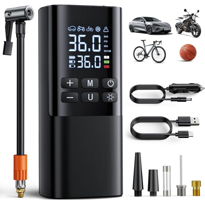Compresor aer portabil 150PSI, 16.5x7.2x5.3cm, LED, multifunctional, negru