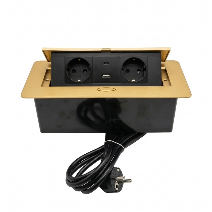 Priza incorporabila pentru birou/bucatarie, Pop-up, 2 x Prize Schuko EU, 1 x USB-A, 1 x USB Type-C, Aliaj aluminiu, Cablu 1.5m, Auriu