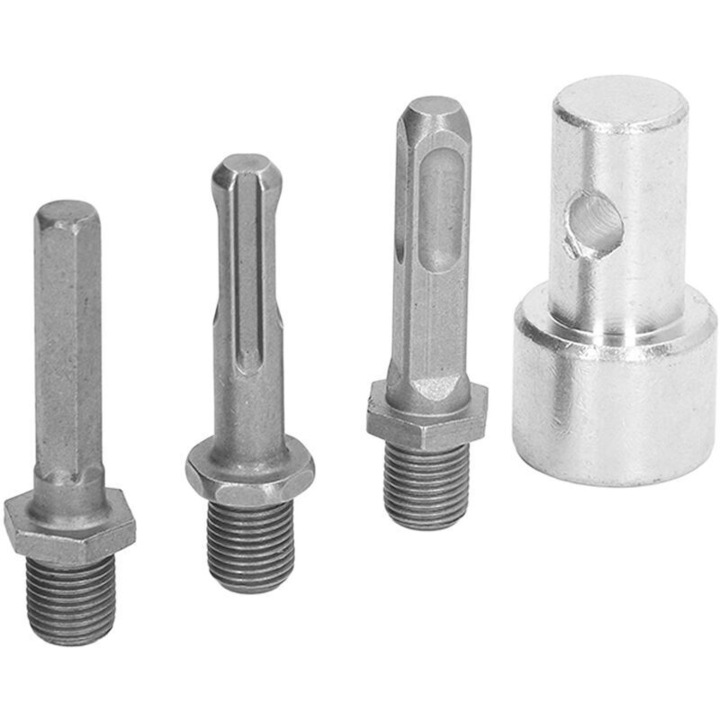 Adaptor bormasina 10 mm, din otel carbon, pentru transformare in burghiu de pamant, compatibil cu ax rotund 10 mm si mandrina 1/2 inch, include 3 biti, argintiu, 1 set