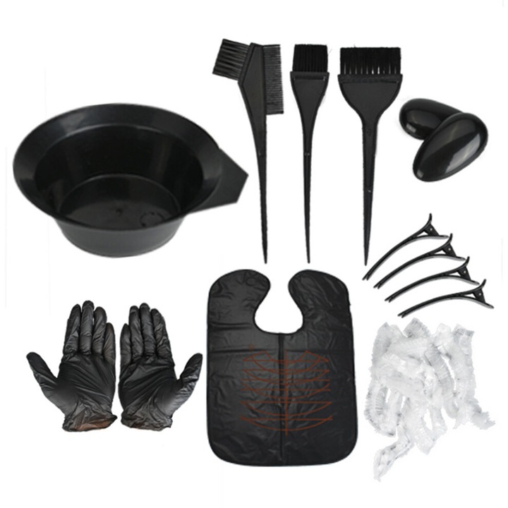 Set accesorii vopsit par, perie, pelerina, manusi, clipsuri, multicolor
