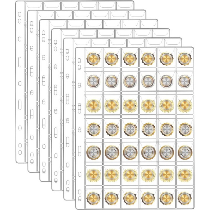 Mapa pentru monede, 6 foi, 252 buzunare, transparent, 9 gauri standard