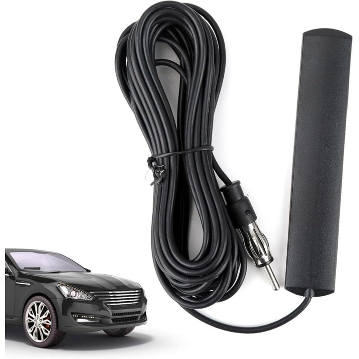 Antena radio auto universala, adeziva, neagra, 5m, cu conector DIN