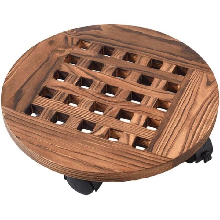 Suport ghiveci rotund lemn masiv 25x7cm cu roti mobil