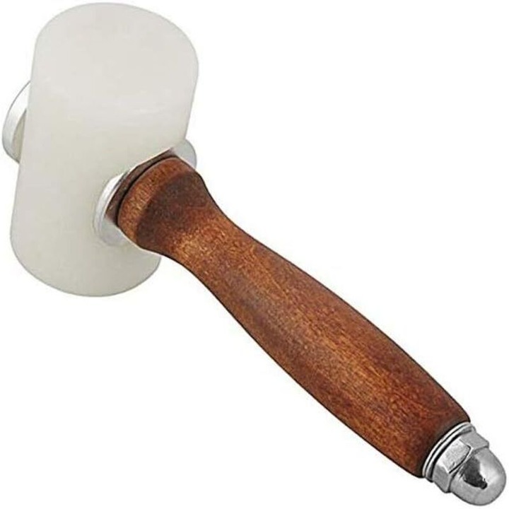 Ciocan sculptura pentru piele 260815BM6651, cap in T din nylon, maner lemn 18 cm, ecrou fix antiderapant, alb/maro, 390 g