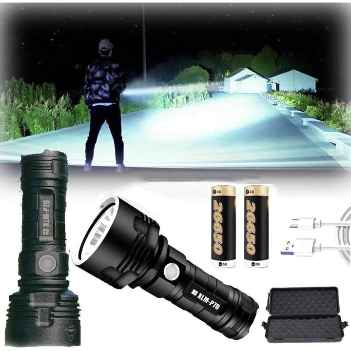 Újratölthető LED lámpa, 100000 lumen, vízálló, 3 mód, alumínium, kompakt