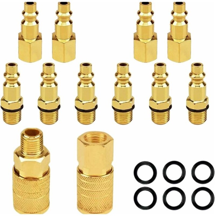 Set 12 piese conectori aer 1/4" NPT, accesorii compresoare, material otel cu cupru, presiune maxima 300 psi
