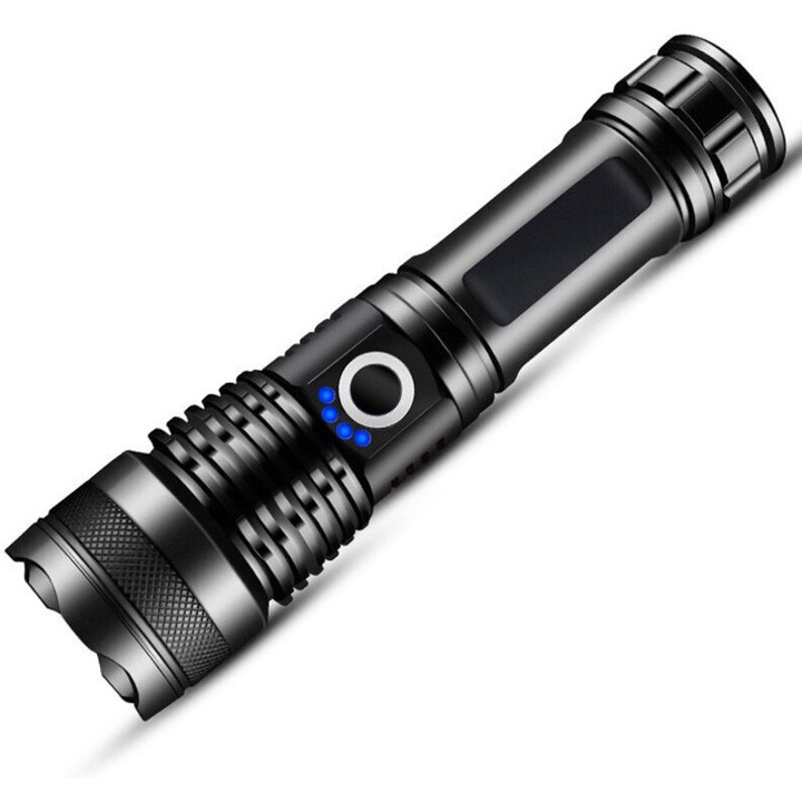 Újratölthető LED lámpa 10000 lumen, taktikai, IPX5 vízálló, zoom, 5 mód, alumínium, 500m hatótáv