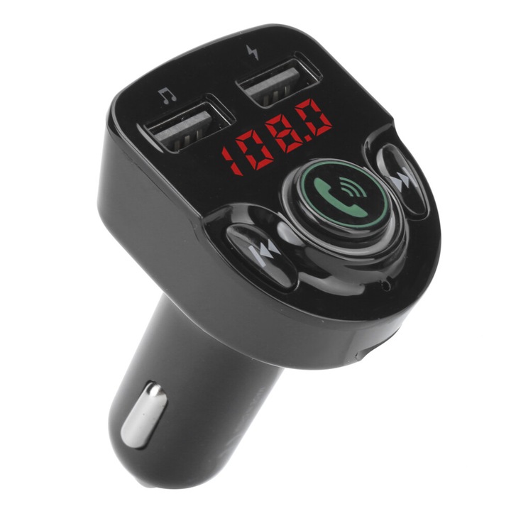 Transmitator FM auto cu apelare hands-free, anulare zgomot, streaming muzica clar, incarcator dual USB inteligent