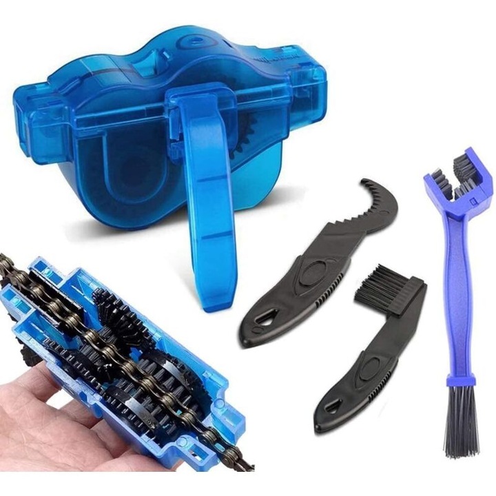 Curatator lant bicicleta, plastic ABS transparent, compact, albastru, 360 curatare