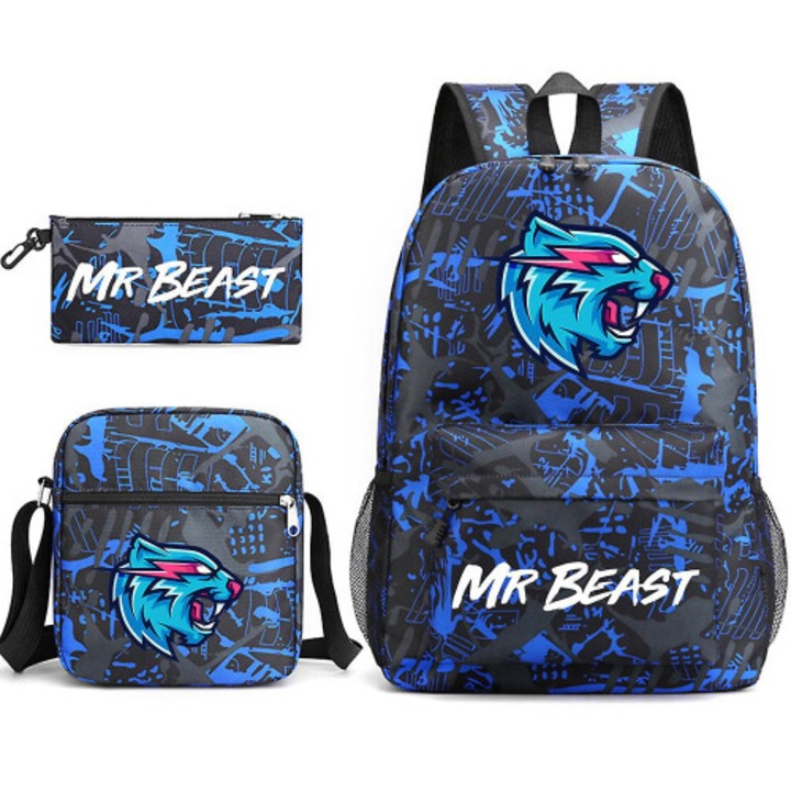 Set 3 piese ghiozdan si geanta crossbody cu flori albastre si pisica, albastru