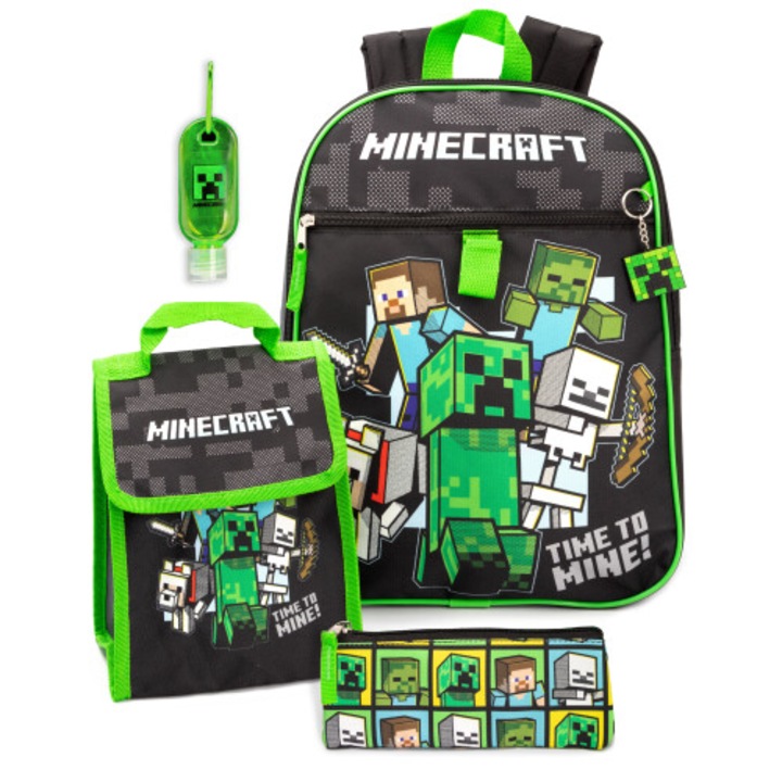 Set ghiozdan scolar Minecraft 5 piese negru verde 42x32x11cm