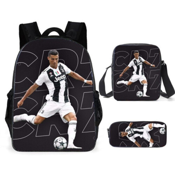 Set 3 piese ghiozdan, geanta pranz, penar, negru, unisex