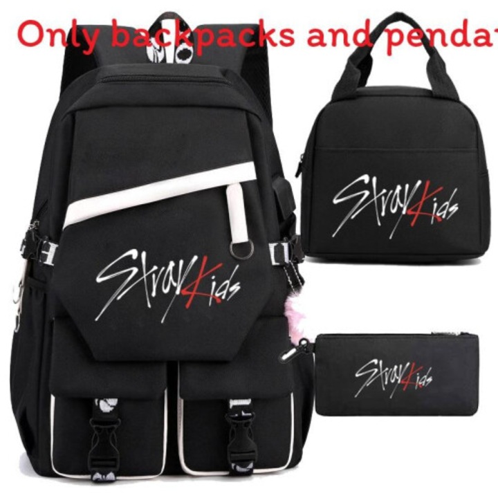 Set 3 piese ghiozdan, geanta pranz, penar, negru alb