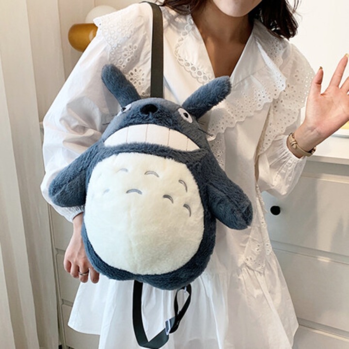 Ghiozdan plus Totoro, mare, pufos, cu fermoar, buzunar