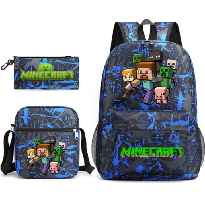 Set 3 ghiozdane copii Minecraft multicolor capacitate mare