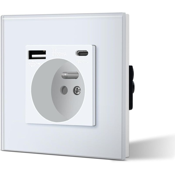 Priza murala 260815BM6756, panou din sticla temperata cu priza tip E, port USB‑A + USB‑C 5V 2,1A total, 16 A 240 V, ABS ignifug, alb crem/transparent, 85×85×35 mm