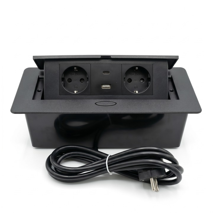Вграден контакт за бюро/кухня, Pop-up, 2 x Schuko EU контакта, 1 x USB-A, 1 x USB Type-C, Алуминиева сплав, Кабел 1.5м, Черен