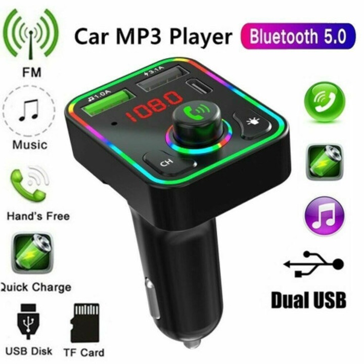 Transmitator FM auto Bluetooth 5.0, player MP3, incarcator USB dublu