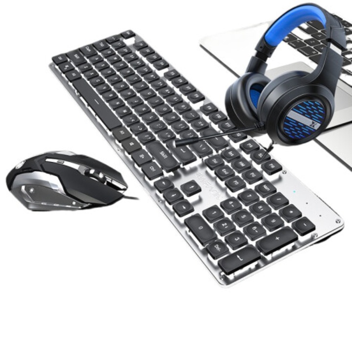 Set 3 piese tastatura cablata negru alb silentioasa gaming