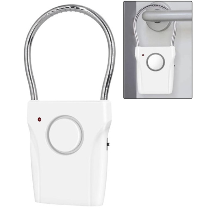 Alarma usa portabila 110dB, 3 setari, alimentare baterie, alb