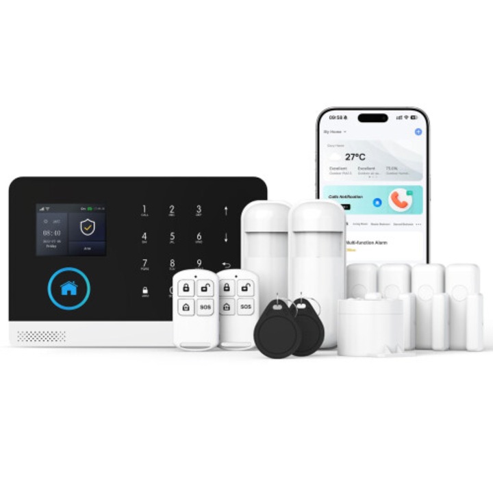 Sistem de securitate acasa 12 piese, WiFi, senzori usa-fereastra, sirena, alerta APP, Alexa, alb
