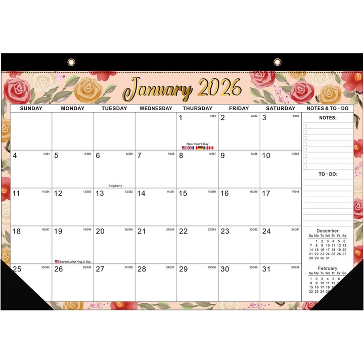 Calendar birou 2026-2027, acuarela, 22x17 inch, planificator perete birou