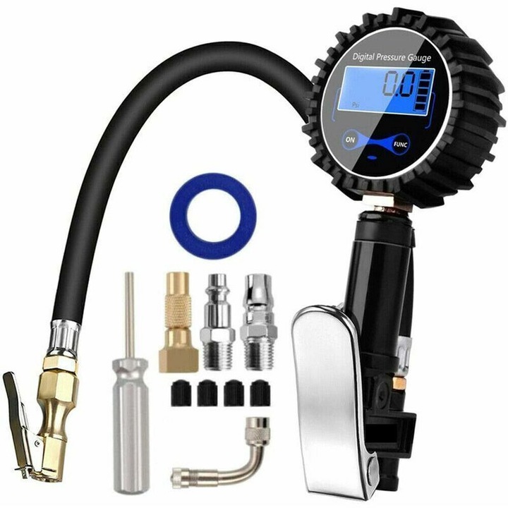 Manometru digital presiune roti cu pistol umflare 200 psi, furtun cauciuc, conectare rapida