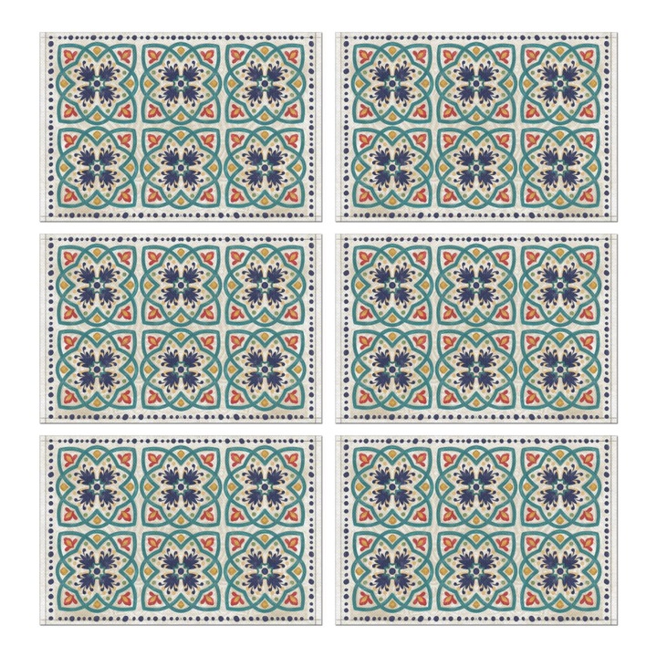 Set 6 bucati, seturi de masa (servetele de masa) din in antiderapante, lavabile in masina, stil boho vintage cu imprimeu floral abstract, multicolor, 30 x 45 cm