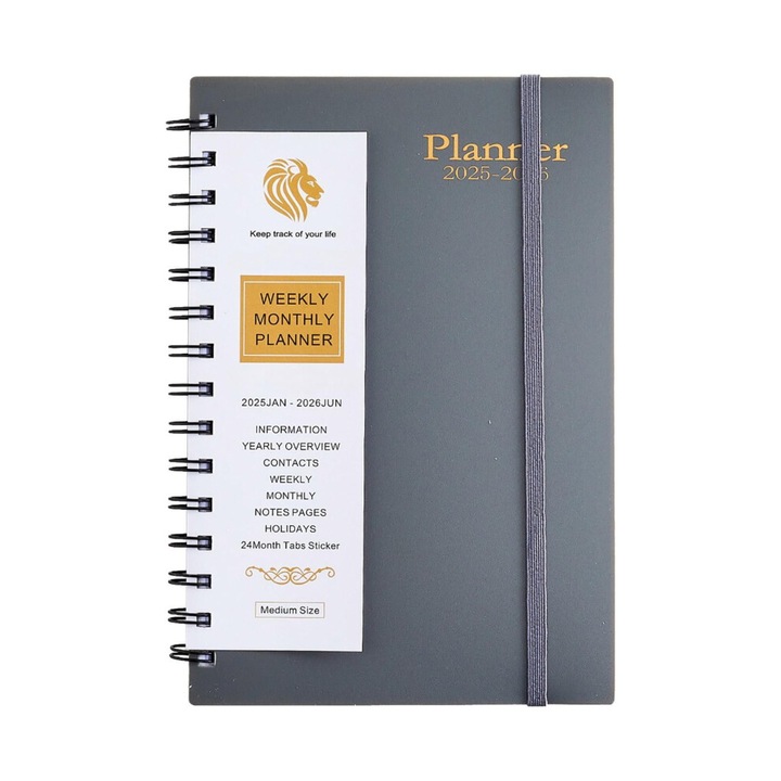 Planner academic 2025-2026, spirala, coperta tare, 14x21cm, alb