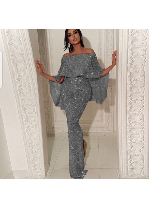Rochie de dama, argintie, maneca lunga, design cu frunze mari, pentru invitate la nunta, din poliester, 2XL INTL