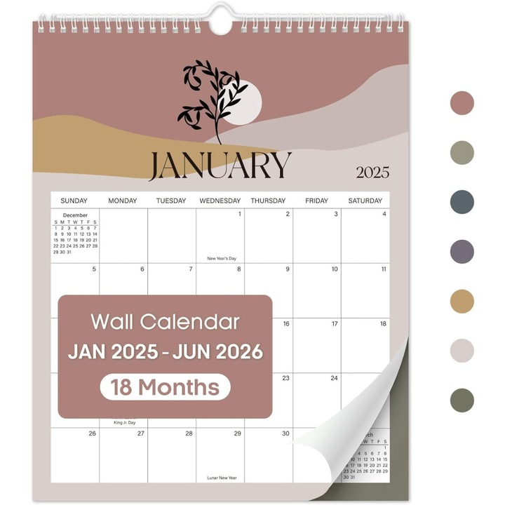 Calendar perete 2025-2026, 18 luni, tema boho, 37x29cm, agenda agatata
